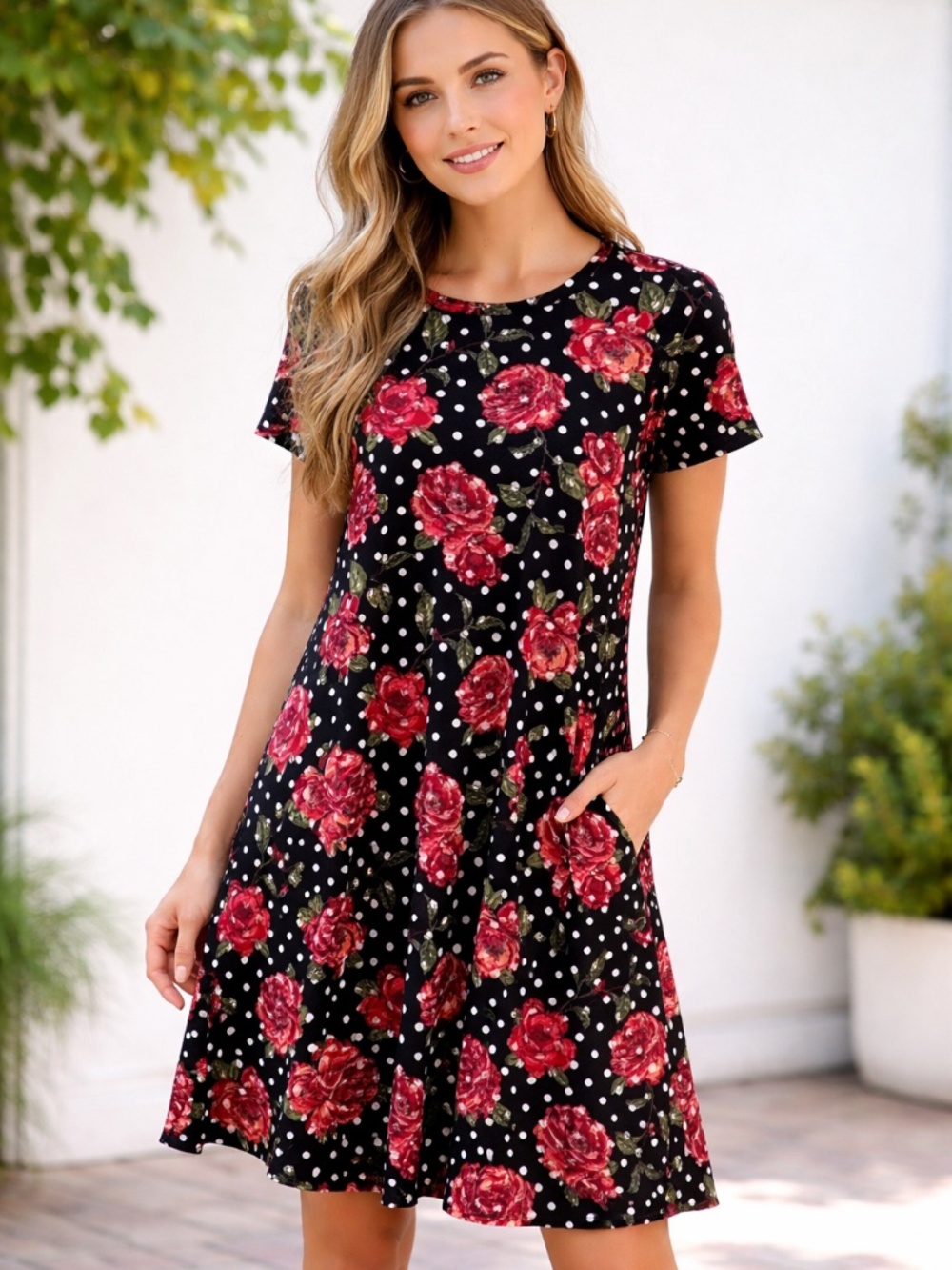 LuLaRoe Carly Dress Medium Red Black Polka Dot Hi Low Swing Dress